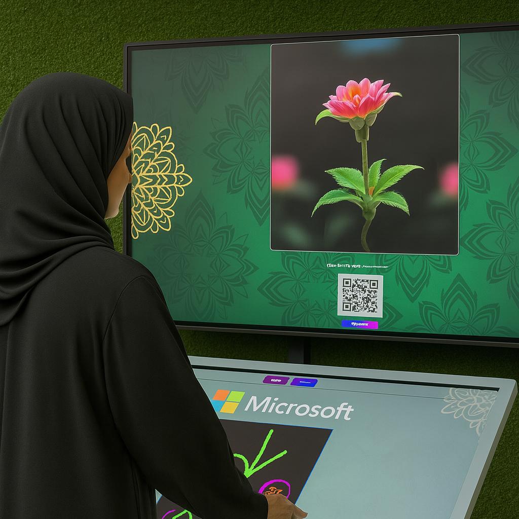 Guest using interactive screen for real-time AI painting at Dubai event, creating digital artwork with immersive technology experience by Mirror Booth Dubai